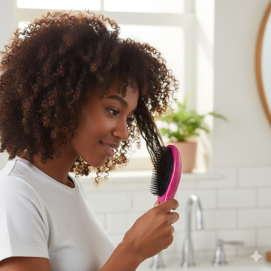 Femme cheveux bouclés brosse a cheveux rose