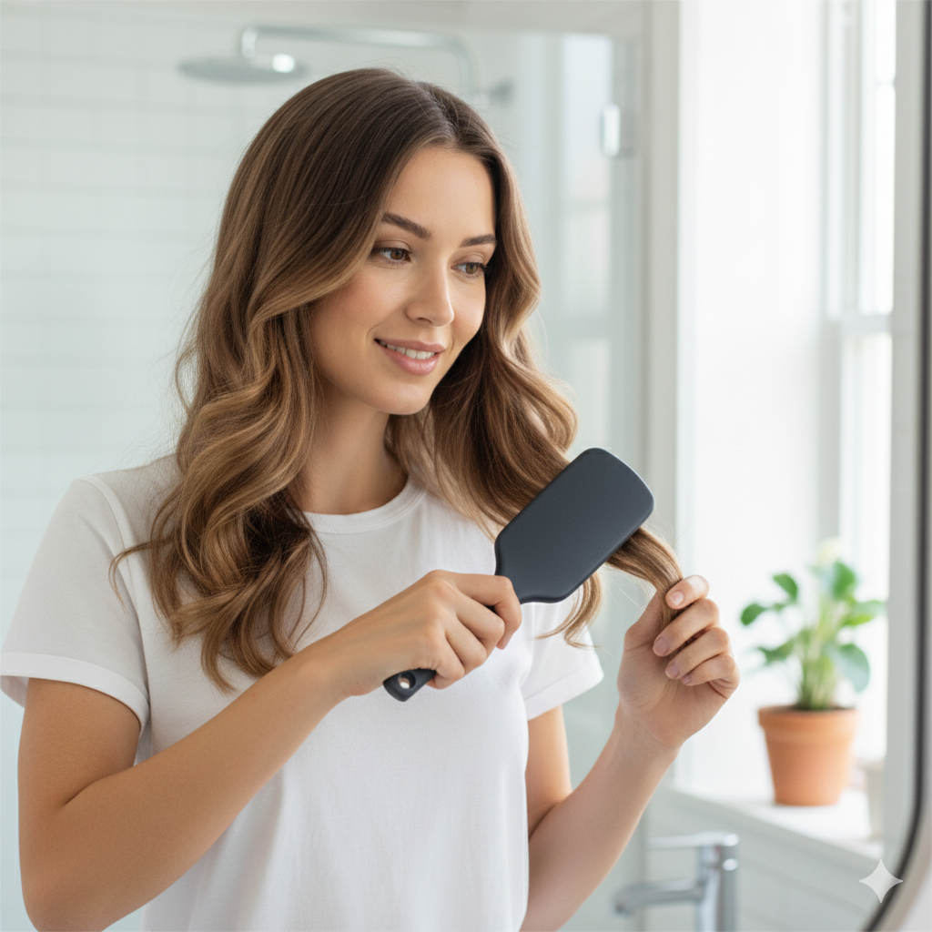 femme brosse a cheveux bleu