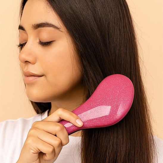 Femme brosse cheveux boucles rose