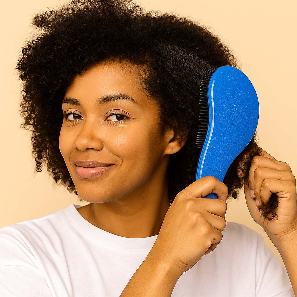 Femme cheveux crépus brosse à cheveux bleu