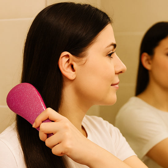Femme demele cheveux avec brosse cheveux à cheveux rose