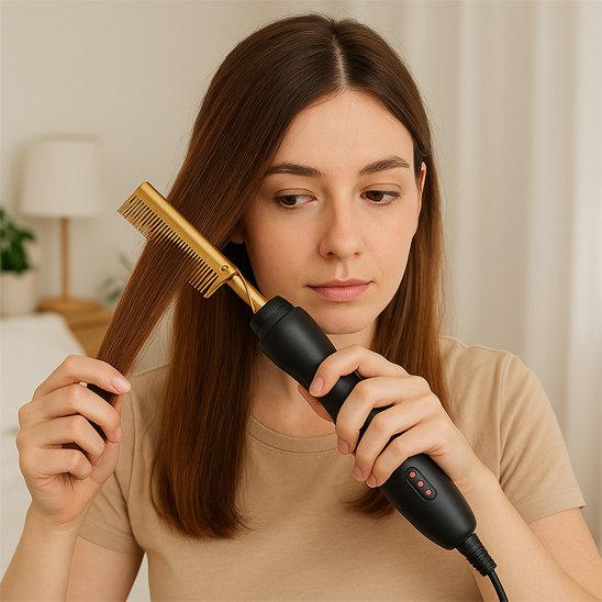 Femme lisse cheveux avec peigne chauffant