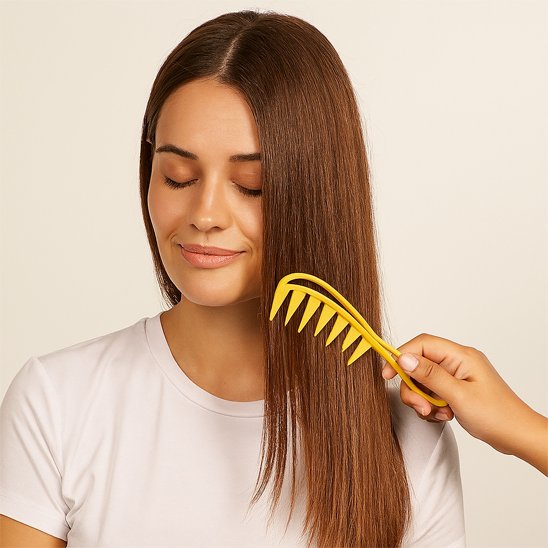 Femme se coiffant avec peigne jaune