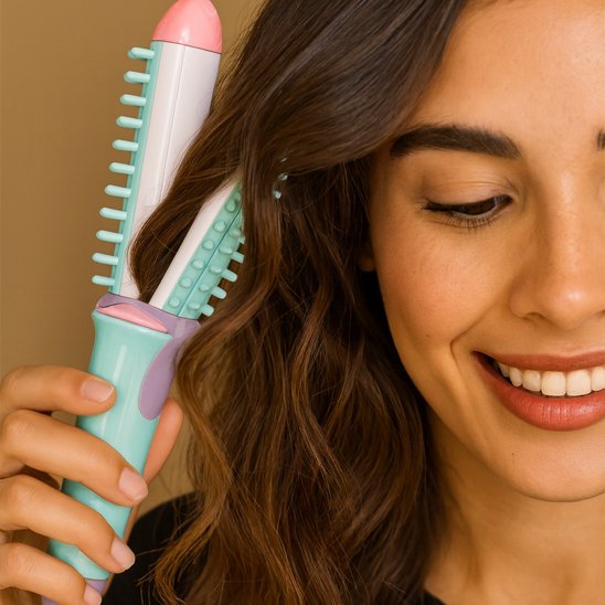 Femme souriante brosse chauffante bleu