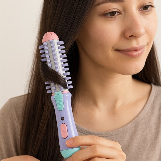 Femme utilise brosse chauffante violet