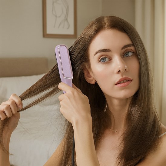 Jeune femme lisse cheveux brosse chauffante mauve