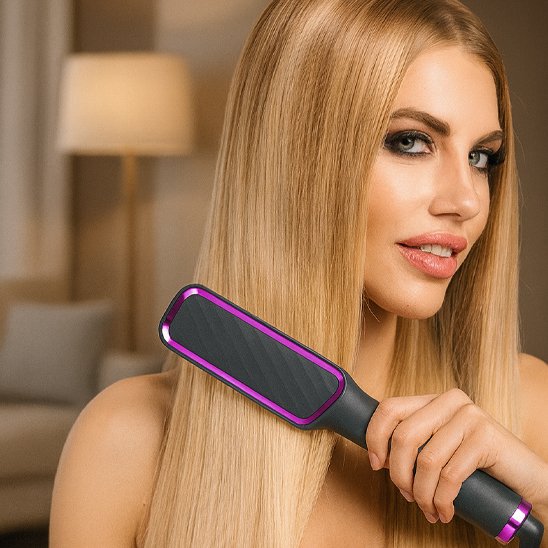 femme blonde brosse chauffante violet-et noire