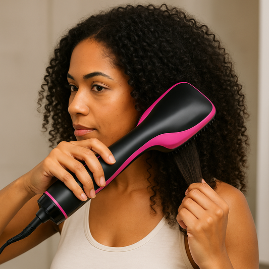 femme cheveux boucles lisse cheveux brosse chauffante ionique