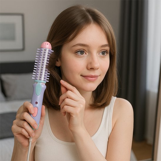jeune fille lisse cheveux avec brosse chauffante